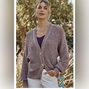 J Jill Speckled V Neck Women's Knit Cardigan Sweater in Pink/Green